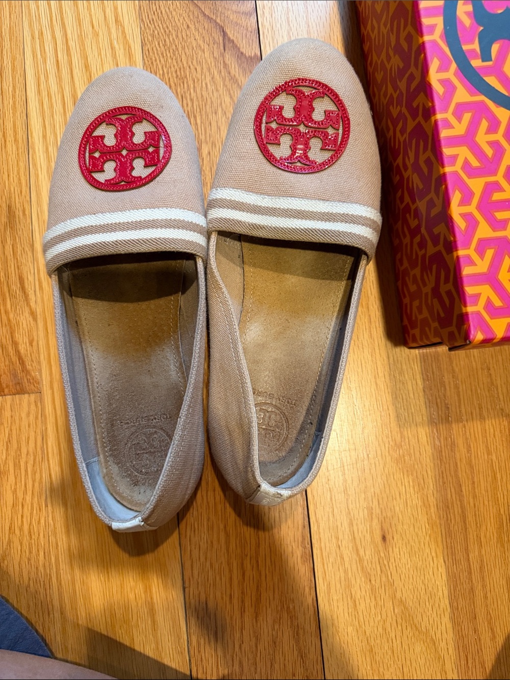 Tory Burch Tan Canvas Slip-Ons with Red Logo Medallions